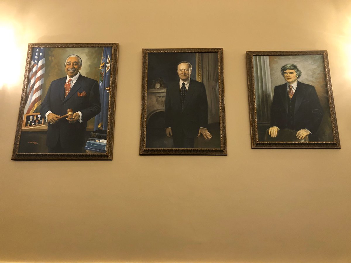 House Ways & Means Cmte room where impeachment inquiry hearings are taking place have portraits of the former Democratic & GOP Cmte chairs on the walls including Dan Rostenkowski (IL), Bill Thomas (CA), Dave Camp (MI), Charles Rangel (NY), Bill Archer (TX) and Al Ullman (OR). – at  Longworth House Office Building