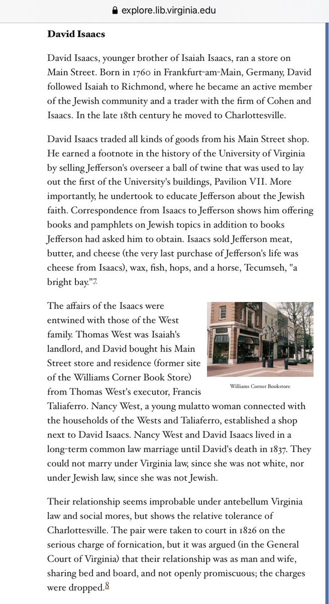 david isaacs was a jewish resident of charlottesville in the late 18th century who had a relationship with nancy west, a black woman.  https://explore.lib.virginia.edu/exhibits/show/seek/early