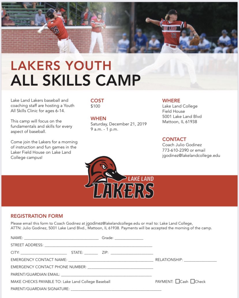 ‼️Attention Little Lakers‼️ We are hosting a 1 Day Youth All Skills Camp on Saturday December 21st. 

Spend a day learning fundementals and skills with Coaches and Players from LLC BASEBALL!

<a href="/J_godinez08/">Julio Godinez</a> <a href="/Jack_Murphy41/">Jack Murphy</a> @CoachStuLLC <a href="/LLCAthletics/">Lake Land Athletics</a> 

#LeaveYourMark 
#LakerUp