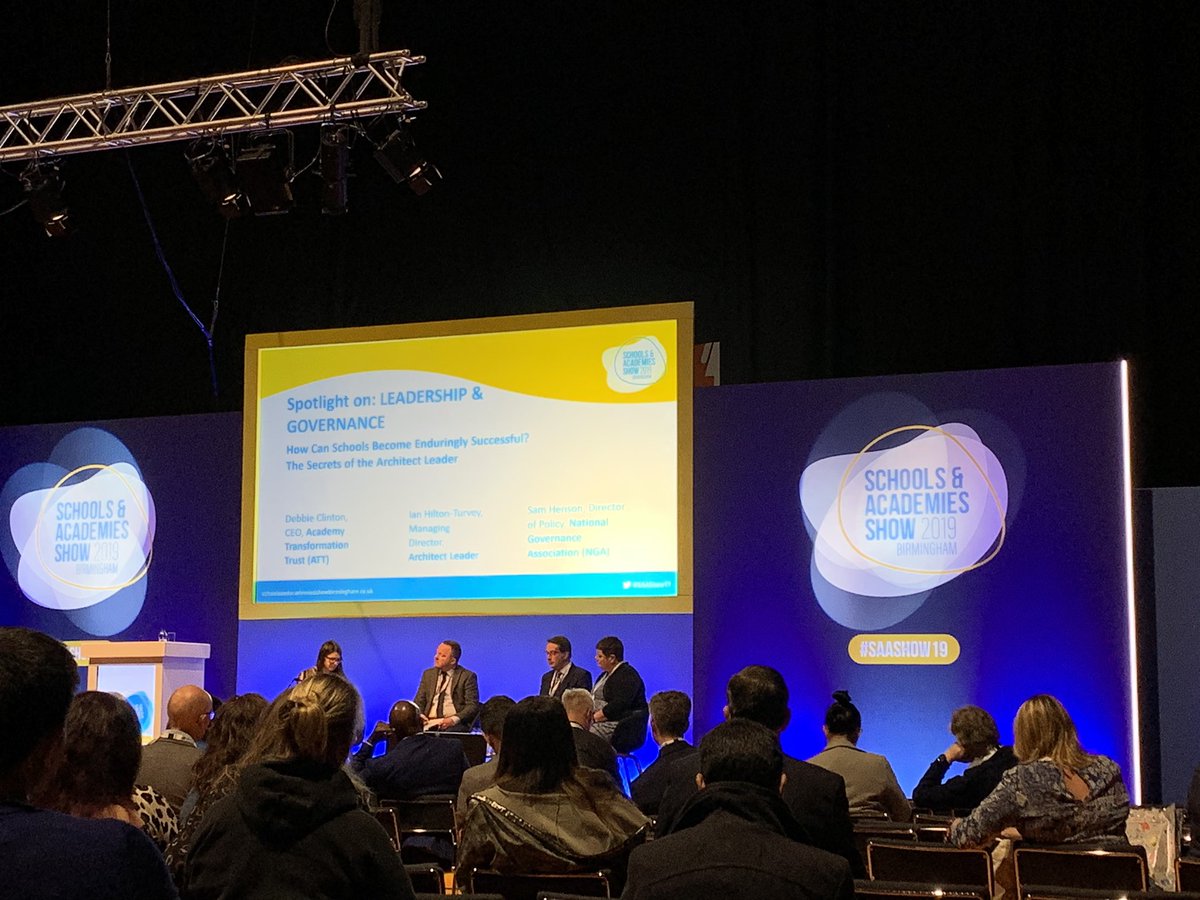AmyBills_Edu's tweet image. Great session with @NGASamH @IanHiltonT @AcademyTrustCEO discussing enduring success, architect leadership and long term impact @SAA_Show #SAAShow19