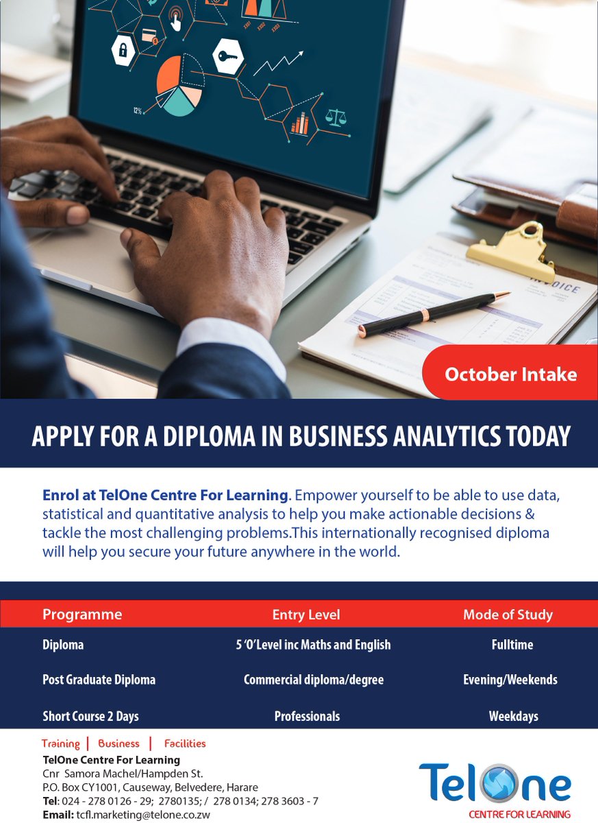 263Chat's tweet photo. Apply for a diploma in business analytics today. Enroll at @TelOneZW . Empower yourself at be able to use data, statistical & quantitative analysis to help you tackle the most challenging problems.
#TelOneZW https://t.co/pf7P4DmnYr