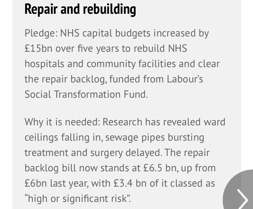 9. NHS capital budgets increased by £15bn over five years to rebuild NHS hospitals and community facilities and clear the repair backlog, funded from Labour’s Social Transformation Fund. #VoteLabour (10/11)
