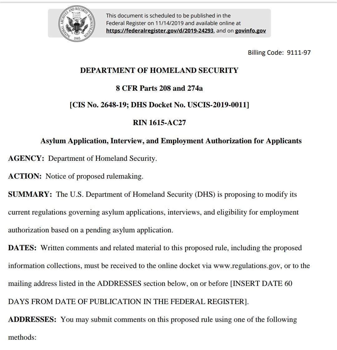1/ I just read through the new proposed rules for  #asylum-based employment authorization while waiting in  #immigrationcourt with a 16-year-old asylum seeker, and I'm just so tired and angry that this seems like a good time to tell you how bad it is.It's bad.(1/5000000000)