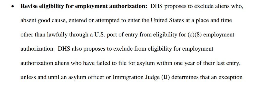 5/ Here's the worst one. Remember that anyone present in the US (no matter how they got here) is eligible to apply for  #asylum. Denying those who came w/o permission work permits is almost certainly a violation of out international treaty obligations. But it gets even worse!