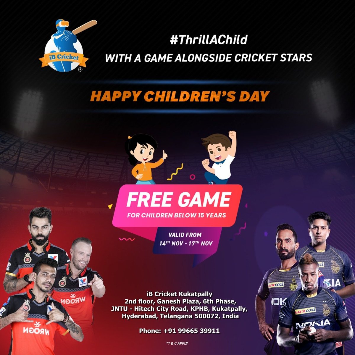 dptv007's tweet photo. *Endless fun with iB Cricket!*

This Children’s Day, *let's #ThrillAChild by gifting* them an experience in the world-class stadiums of iB Cricket alongside their favourite RCB and KKR stars.

Book a slot now: +91 99665 39911 https://t.co/OipngP1jBF