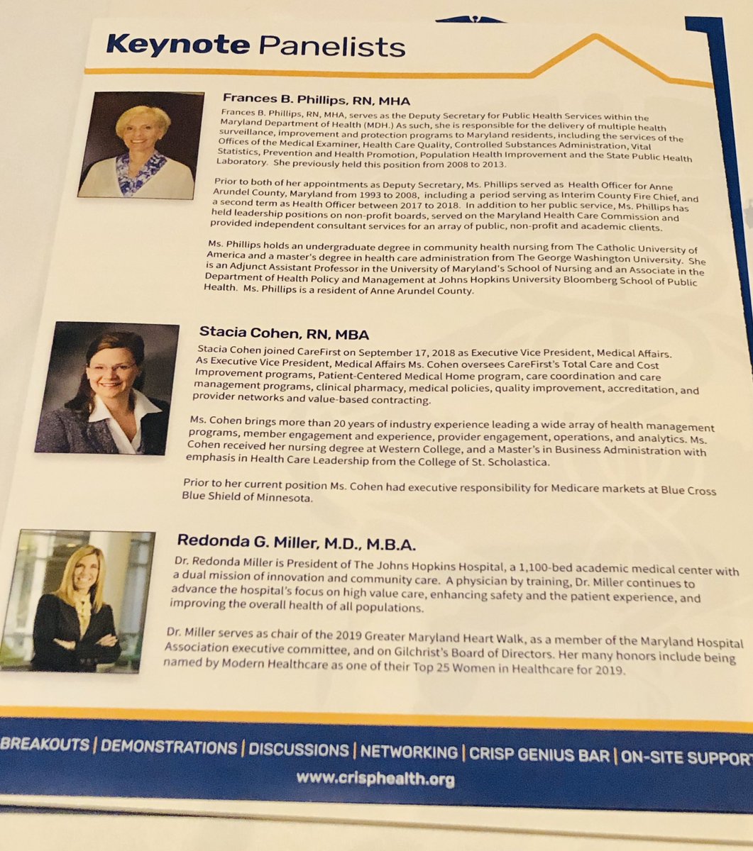 NexusMontgomery's tweet photo. Today’s User Conference Panelists included: Frances Phillips, RN,MHA (@MDHealthDept), Stacia Cohen, RN, MBA (@CareFirst), &amp; Redonda Miller, MD, MBA (@HopkinsMedicine) with Panel Moderator Patty Brown @CRISPhealth https://t.co/A96nzLKpcg