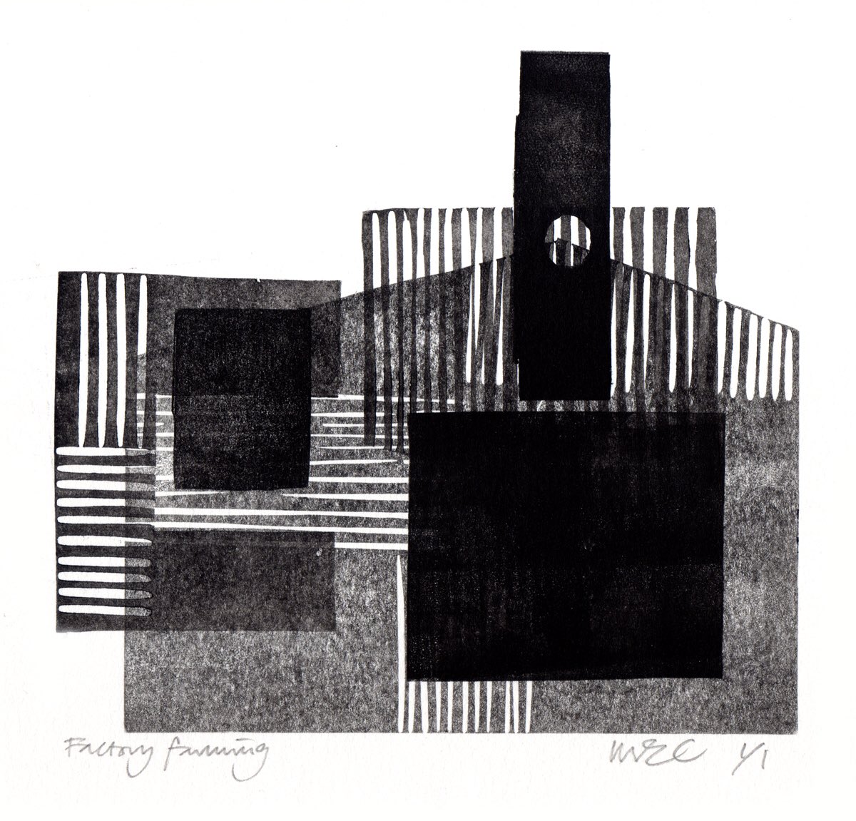 Factory Farming #linocut #printmaking #exhibition #gallery #roundtower_bs #frome #martincovington