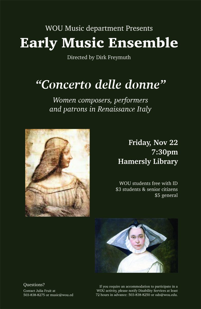 woulibrary's tweet image. There's a concert coming up in Hamersly Library! After we close next Friday, Nov. 22 at 6, we'll reopen the doors to host the 7:30 concert of WOU's Early Music Ensemble right in the 1st floor lobby. Come enjoy the music in our beautiful space.  🎵🎻