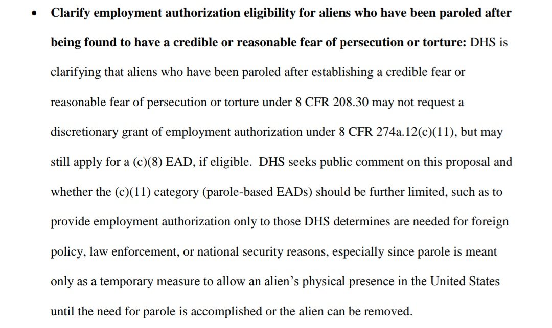 9/ This one would severely restrict eligibility for employment authorization for people granted special lawful entry to the US for "humanitarian" or "public interests" reasons. Because why would we want to make their lives any easier