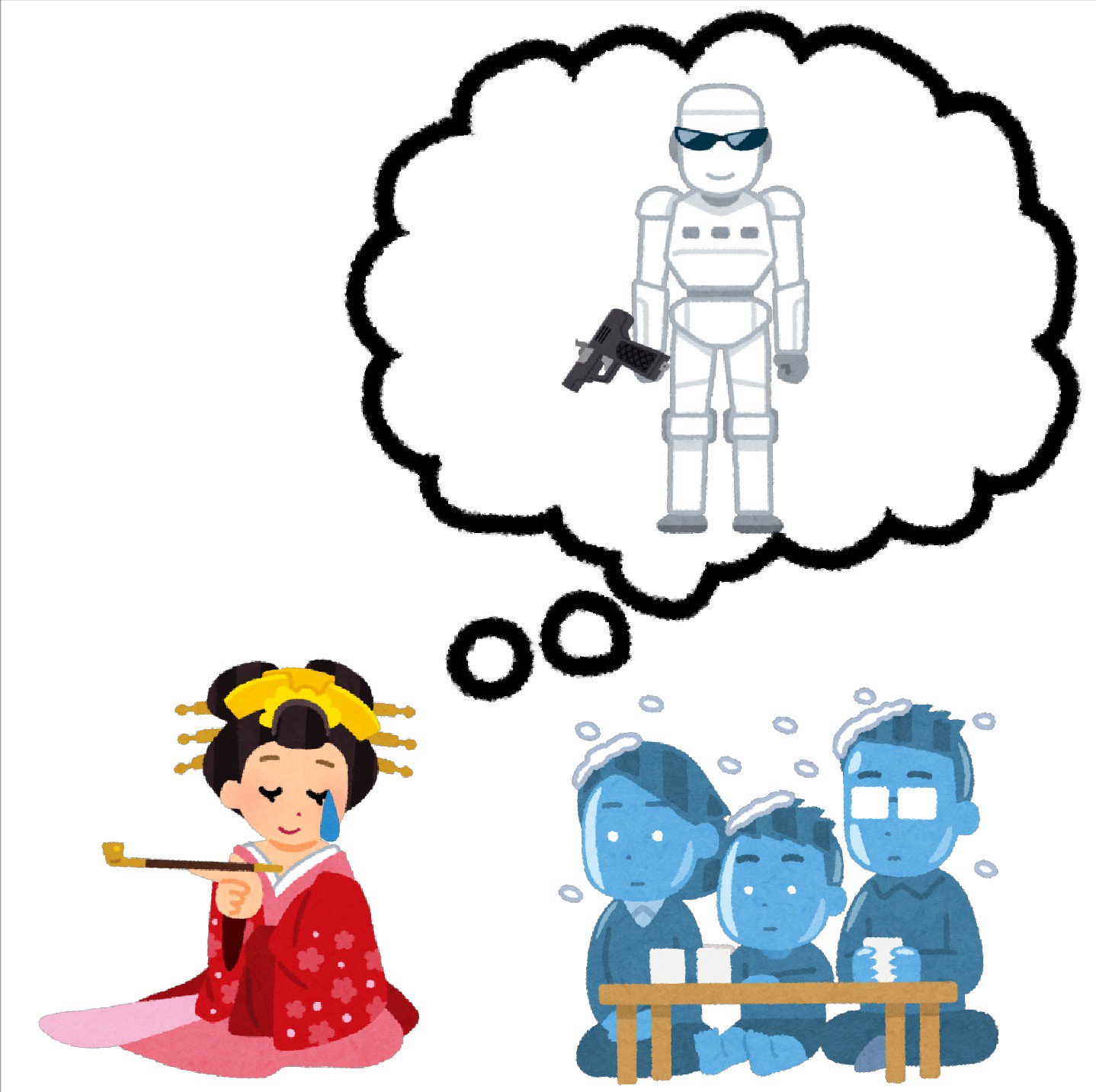 まいチクをいらすとやで再現 Dayukoume 再現難易度 使ったイラスト 7枚 ふきだしのイラスト 人型ロボットのイラスト 白 サングラスのイラスト シャープな形 スターターピストルのイラスト 花魁のイラスト 漫符のイラスト 汗 凍るお茶の間の