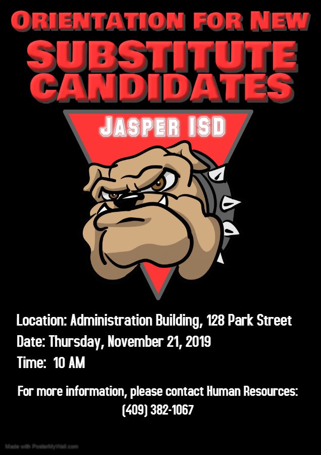New JISD Substitute Orientation scheduled. Please plan on being present if interested in being a substitute for JISD.