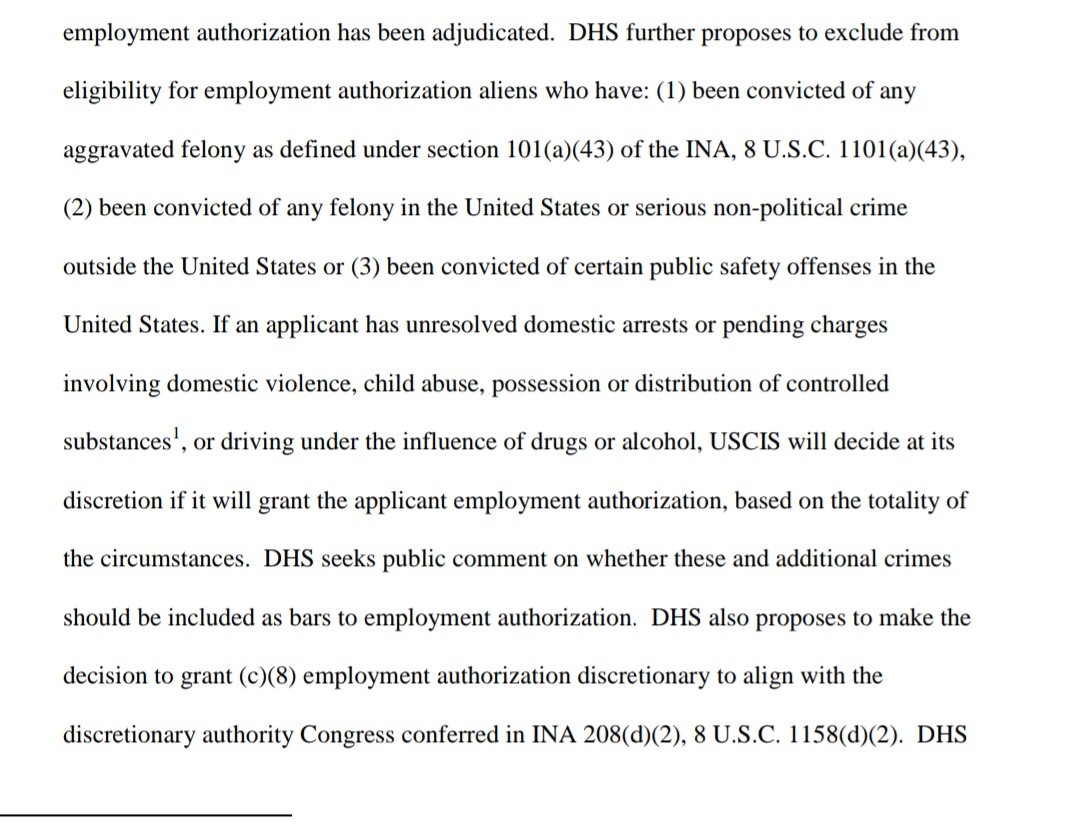 10/ The new rule would also allow DHS to deny work permits not only to people convicted of many crimes (major and minor) but those *arrested* for them w/pending charges. Because the best way to keep people w/pending charges out of more trouble is to... deny them the right to work