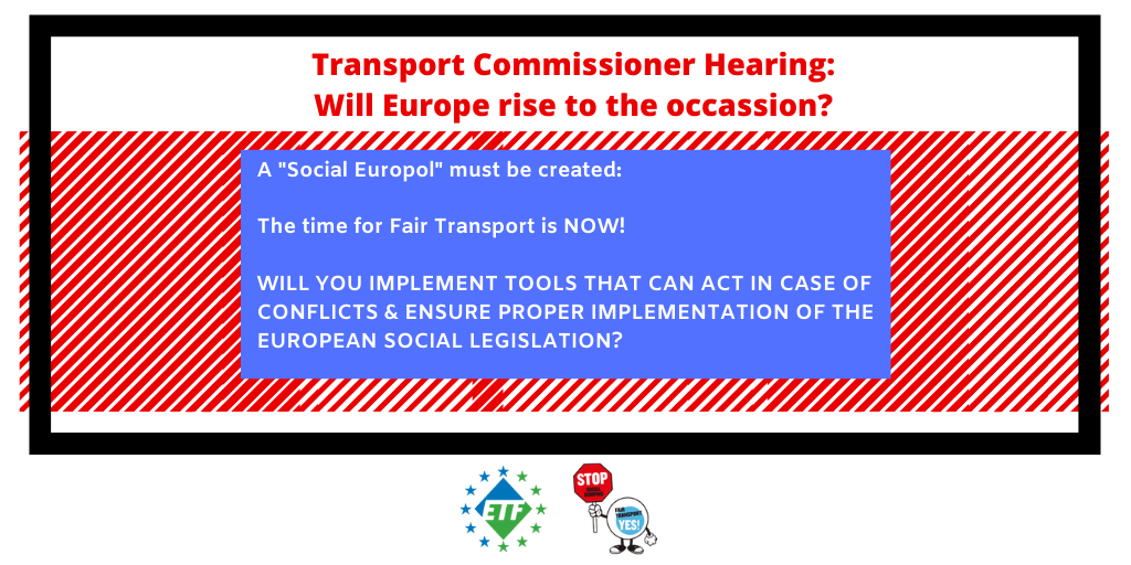 Transport Commissioner Nominee <a href="/AdinaValean/">Adina Valean</a> these questions need an answer for a #FairTransport! The time for change is now! Stop #SocialDumping!
<a href="/EP_Transport/">TRAN Committee Press</a>
<a href="/KarimaDelli/">Karima Delli</a>
@IsmailErtug
<a href="/JohanDanielsson/">Johan Danielsson</a>