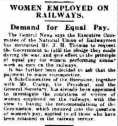 7. A call that continued through 1919 with the National Union of Teachers coming out for equal pay, and unions covering professions such as shop assistants, clerks, railway workers, all pass equal wage resolutions.