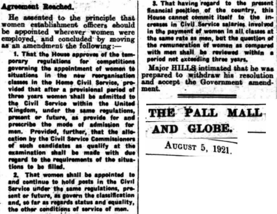 9. And then in 1920, parliament supported a motion in support of equal pay in the civil service, and again in 1921 another motion whereby women’s pay would be reviewed after three years.