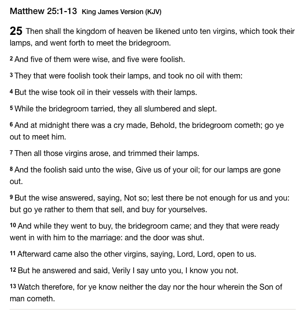 16Lamps Full. Parable of the Ten Virgins - Watching for Jesus Matthew 25:1-13 KJV