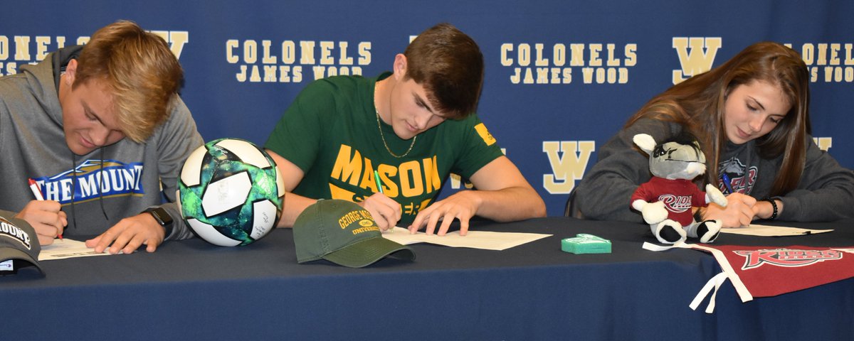 Congratulations to James Wood boys' soccer players Ethan Russell (left, Mount St. Marys) and James Cornwell (center, George Mason) and girls' basketball player Makayla Firebaugh (right, Rider) who signed national letters of intent with Division I schools on Wednesday.