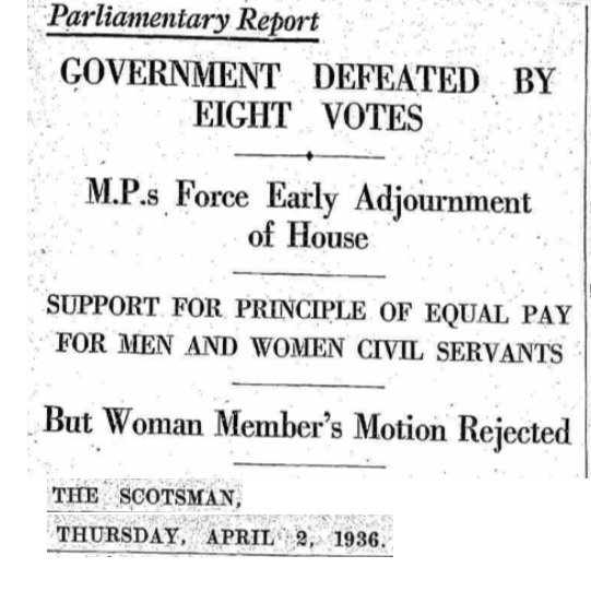 15. In 1936, a private members motion to introduce equal pay in the civil service is put forward and parliament vote ‘Yes’, but then vote ‘No’ on making it a substantive motion, leaving the government to controversially overturn it with a motion of no confidence days later.