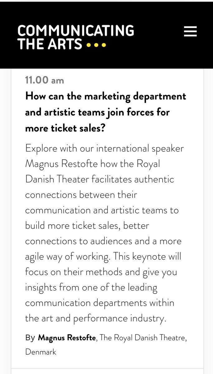 MagnusRestofte's tweet image. Join me this morning at Communicating The Arts in Sydney. I’ll dig deeper into The Art of knowing more about the ‘product’ we are seeling and how to take the tough talks about what not to put on stage due to data. #CTASYD #Communicatingthearts