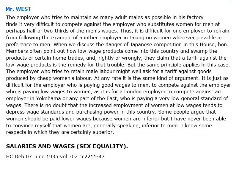 12. This lead to an extraordinary debate in the House of Commons where we see Suffragist Ray Strachey’s modern 1930s argument that wage inequality causes wage depression for men.