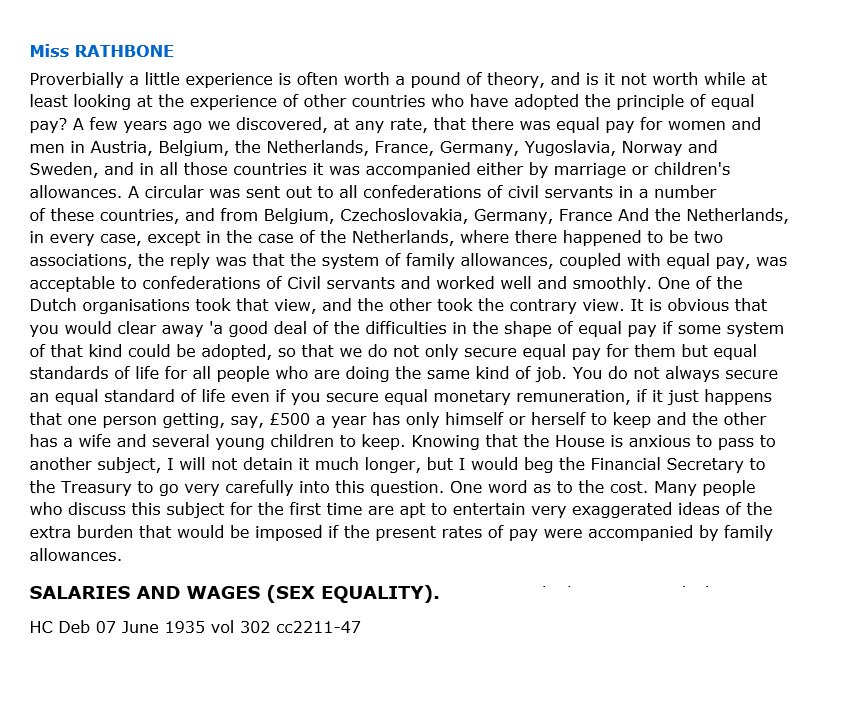 13. We then see Eleanor Rathbone, ex-president of the National Union of Societies for Equal Citizenship, delivering a Suffragist equal pay argument that derives from the “New Feminism” of the mid-1920s