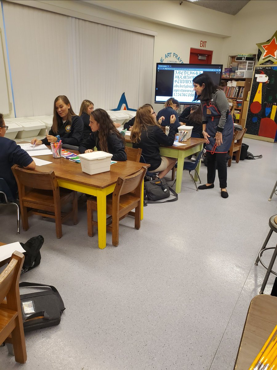 StMarthaCS's tweet photo. Each Wed. & Thurs. our Middle School students attend their chosen Elective Class for this semester. Mrs. Salomone is teaching a Calligraphy Class where they have created art based on Scripture, Personal Stationary, and Name Signs. #STREAM #ExcellenceInKnowledge https://t.co/zQqC5lF1tx