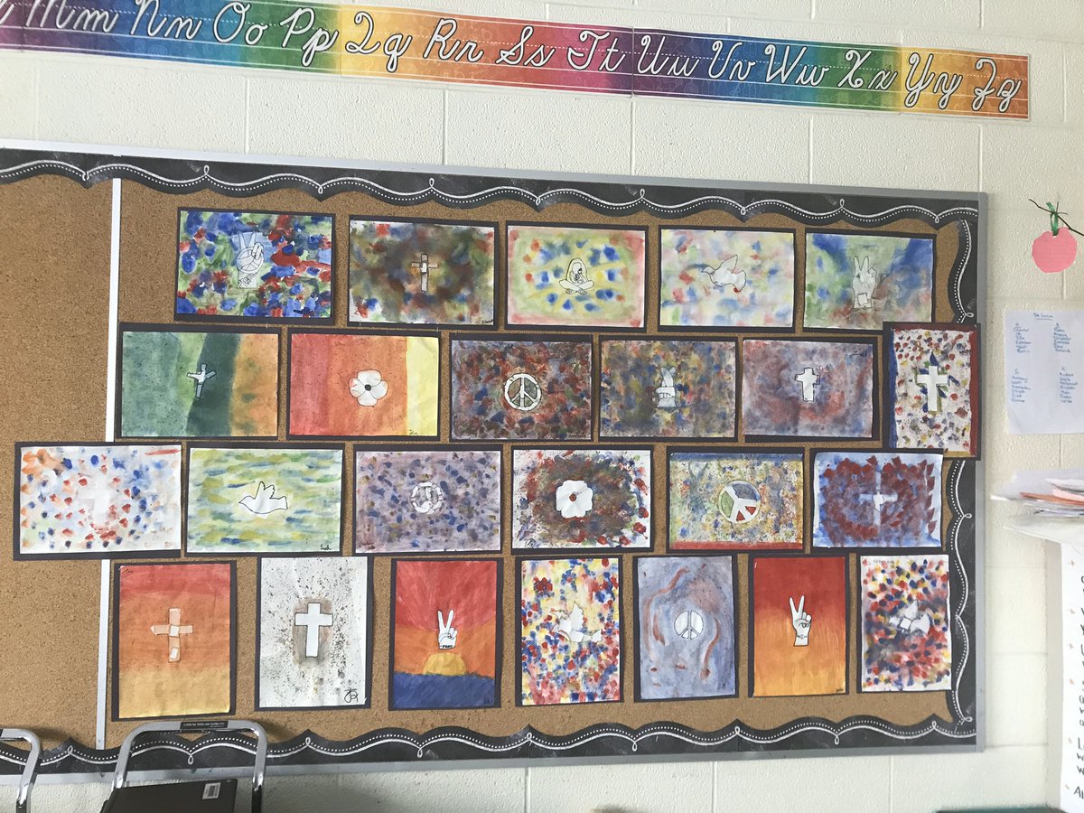 MissMilkowska's tweet photo. On Monday we celebrated #RemembranceDay and the grade 6A students created an art piece using watercolour and silhouettes to represent what Remembrance Day meant to them. #WeRemember #dpcdsb @ValentineDPCDSB https://t.co/FTujbzK0jI