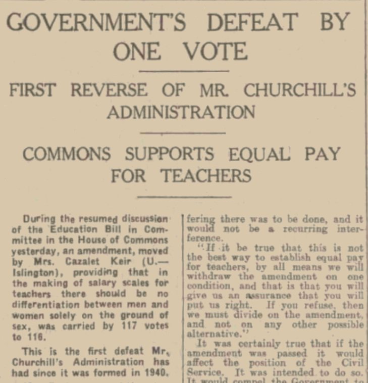 19. However, it was the Tory Reform Committee who were behind Thelma Cazelet-Kier bringing forward the next amendment to introduce equal pay for teachers. It was Churchill’s only war cabinet loss. One he overturned on a motion of no confidence.  #EqualPayGroundhogDay