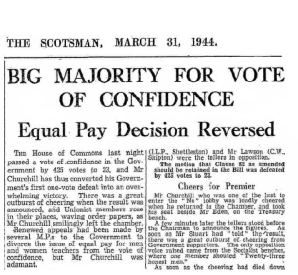 19. However, it was the Tory Reform Committee who were behind Thelma Cazelet-Kier bringing forward the next amendment to introduce equal pay for teachers. It was Churchill’s only war cabinet loss. One he overturned on a motion of no confidence.  #EqualPayGroundhogDay