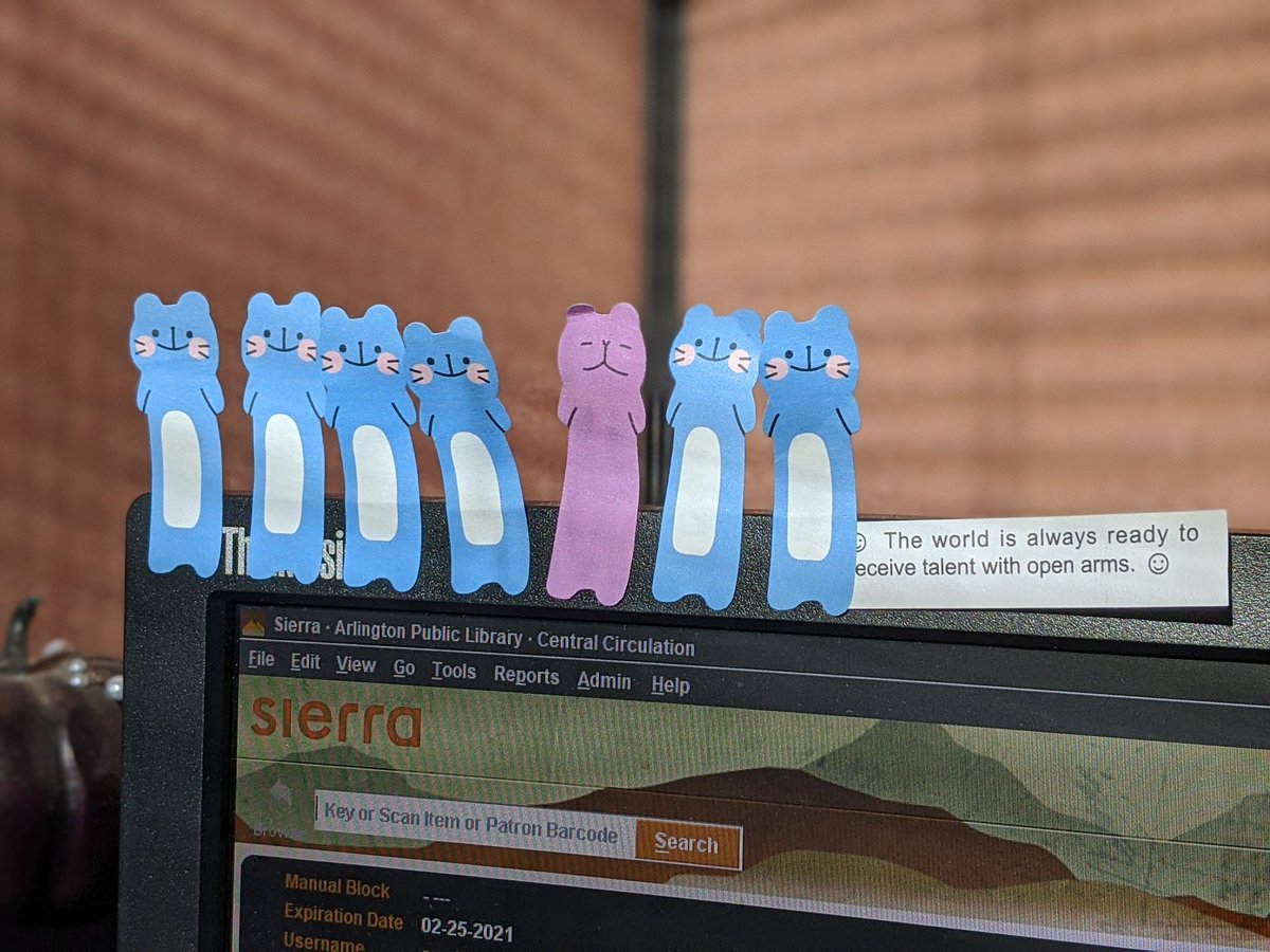 ElofAPL's tweet photo. Sometimes patrons forget to take out their sticky tabs when they return their books. It takes time to go page by page, removing them all...but these little guys brightened my day! They now live on my computer! #libraryouttakes #doublecheckyourbooks https://t.co/1QWh4z1xOm