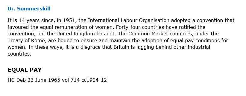 26. By this time, the EEC was already setting the equal pay standard. It was cited in the United States Equal Pay Act debates, Article 119 had been used to interpret Italian law in the Perego vs Marzotto trial, and its existence was now a compelling argument in the UK.