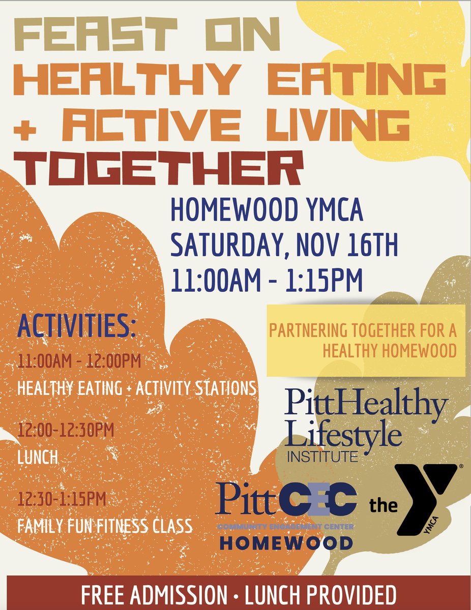 YMCA of Greater Pittsburgh (@ymcapgh) on Twitter photo The Homewood YMCA is hosting a day of healthy eating and active living with <a href="/PittHLI/">Pitt Healthy Lifestyle Institute</a> and @PittCECHomewood on 11/16! 💪🍎⬇️
RSVP: bit.ly/2WJTH6I The Homewood YMCA is hosting a day of healthy eating and active living with <a href="/PittHLI/">Pitt Healthy Lifestyle Institute</a> and @PittCECHomewood on 11/16! 💪🍎⬇️
RSVP: bit.ly/2WJTH6I
