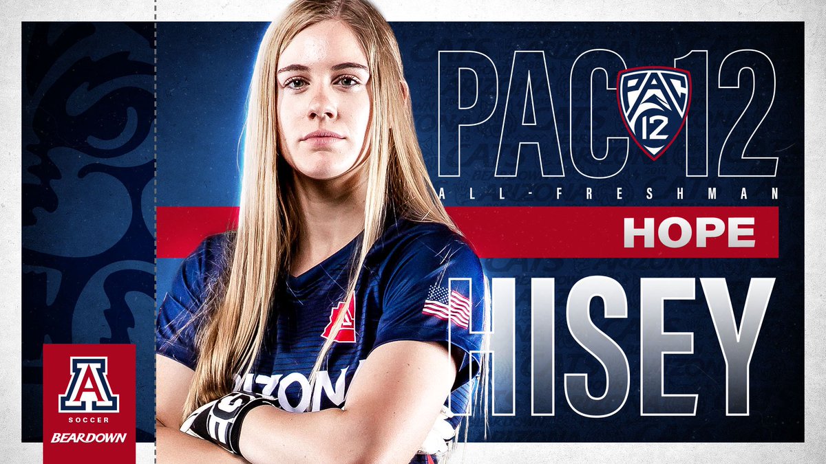 ArizonaSoccer's tweet photo. Congrats @hopehisey31 for picking up Pac-12 All-Freshman Honor‼️

Keeping the Cats safe throughout the 2019 Season 😼👊

#BearDown https://t.co/n6Ep84nhRg