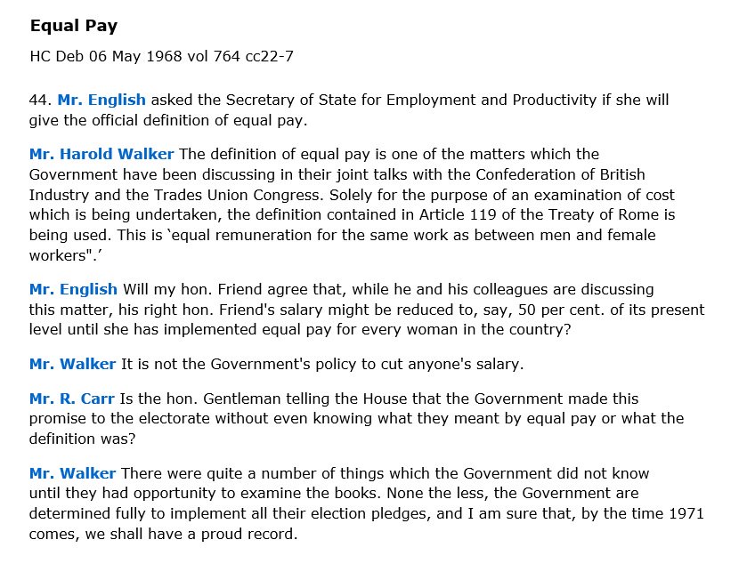 27. It shouldn’t come as a surprise, therefore, to learn that after the 1966 election, and another commitment to equal pay, the UK government’s consultation with the unions and industry used the definition of Article 119.