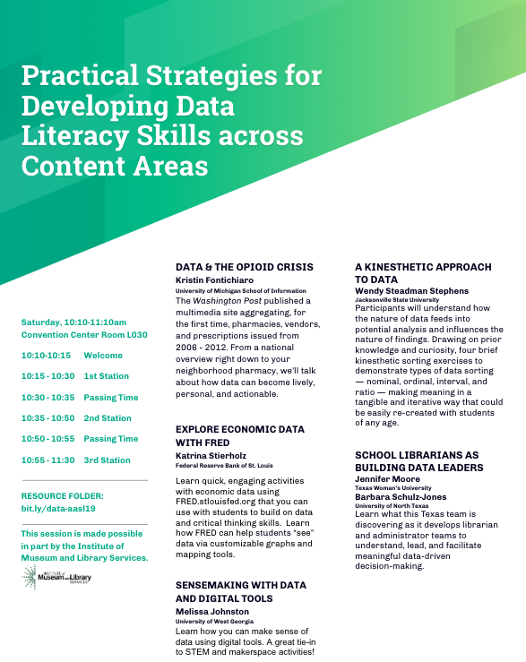 Join us (<a href="/stierholz/">Katrina Stierholz</a> <a href="/MelissaJSLMProf/">Melissa Johnston</a> @DrLibraryJen <a href="/wsstephens/">Wendy Stephens</a> #barbaraschultzjones at #aasl19 Sat, 10:10am, and pick 3 of 5 mini-sessions about data literacy, L030. Good for MS &amp; HS! Details here ...