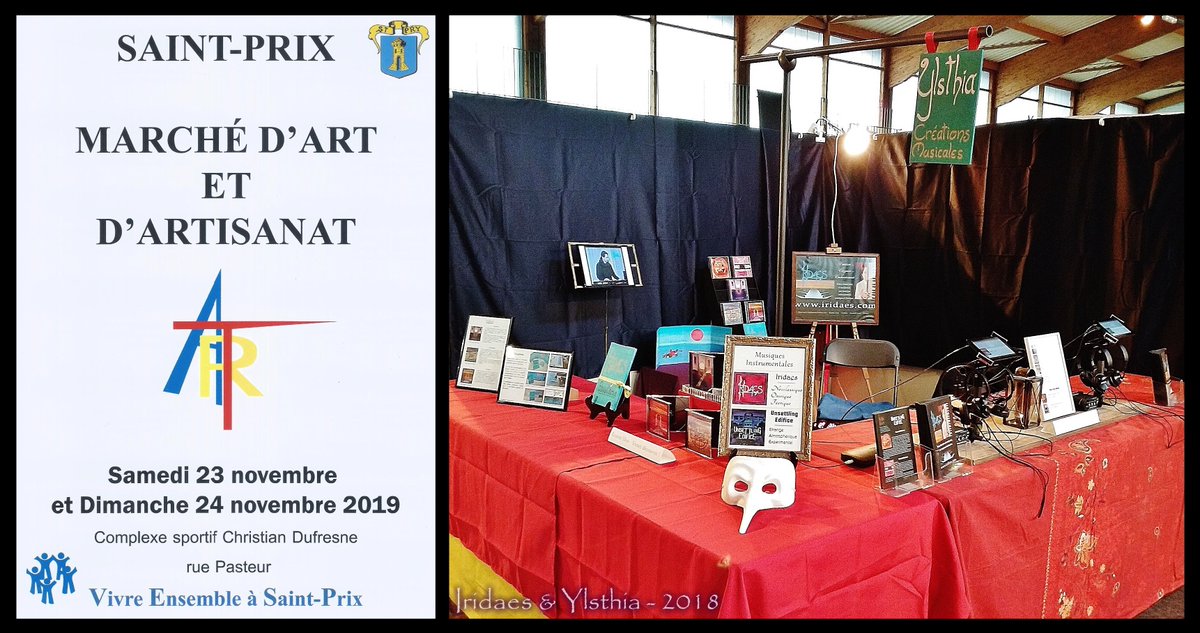 The Ylsthia stand returns to Saint-Prix for the arts and crafts fair, which will take place on the 23rd and 24th of November, at the Christian Dufresne sports complex.

To find out more :   ylsthia.com/english/news/

CDs for purchase and signing : <a href="/Iridaes/">Iridaes</a>, <a href="/EdificeOfficial/">Unsettling Edifice</a>