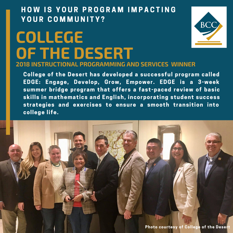 BellwetherCC's tweet photo. We would like to feature one of 2018's #BellwetherAward winners. College of the Desert won in the #InstructionalProgramsAndServices category. 
#Congratulations and see you in 2020. #HigherEd #Futures2020 #CCFA #HigherEducation #CommunityColleges #Education https://t.co/1Gbbe6KPmx https://t.co/4BotH0tFJK