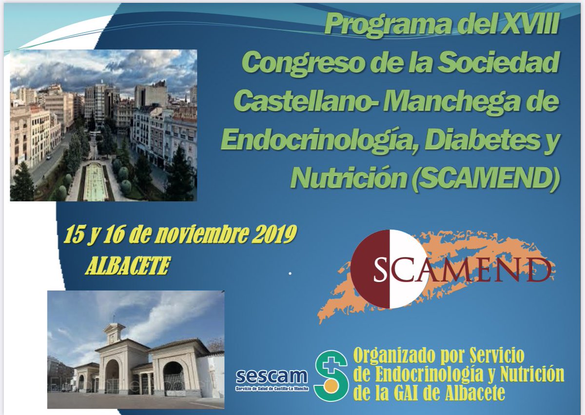 COMAlbacete's tweet photo. Además, este mes de noviembre, acogemos en #AlbaceteFormaciónMédica
XVIII Congreso de la Sociedad Castellano-Mamchega de Endocrinología, Diabetes y Nutrición #SCAMEND2019
@ppines77 https://t.co/8snsge1DRv