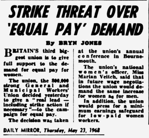 31. And every angle, because the increased public profile reflected in the actions of the unions. Barbara Castle called for a meeting to resolve a dispute, that included equal pay in the demands, just 20 days after becoming Secretary of State for Employment.