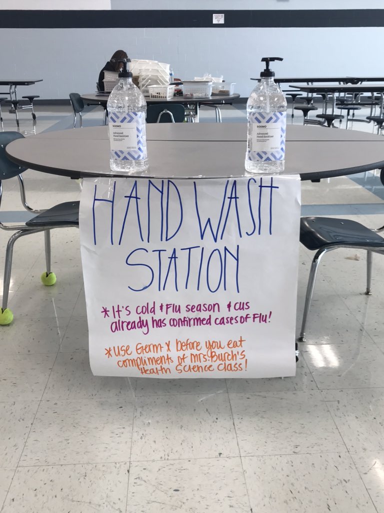 CharleeCNAteach's tweet photo. #InfectionControlPBL in full swing during this flu season. Hand wash station in the cafeteria and extra hands wiping down tables between grade groups to reduce the spread! Remember to wash well and often, cover a cough/sneeze & stay home if you're sick/have fever! @CulleokaUnit https://t.co/LIz83ZZInB