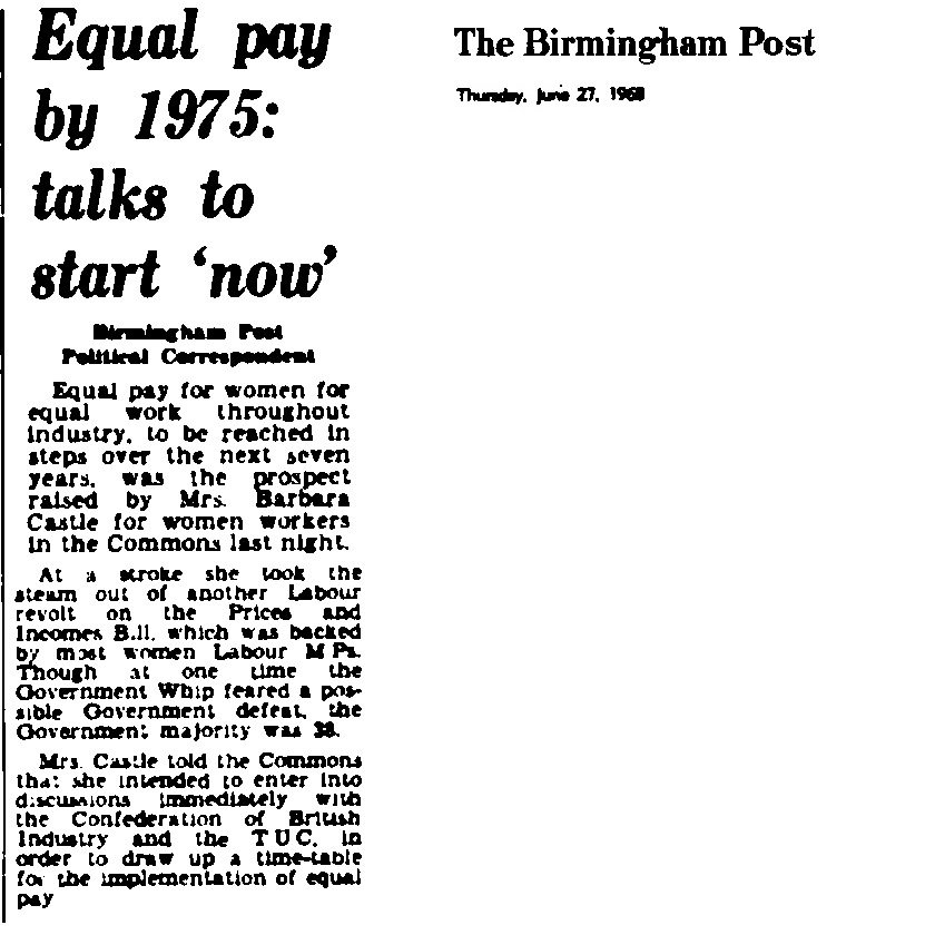 32. At the end of June, an equal pay amendment was put forward for the Prices and Incomes act which prompts Barbara Castle to persuade the leadership team that they would lose that vote if she can’t make an Equal pay announcement. They agree!