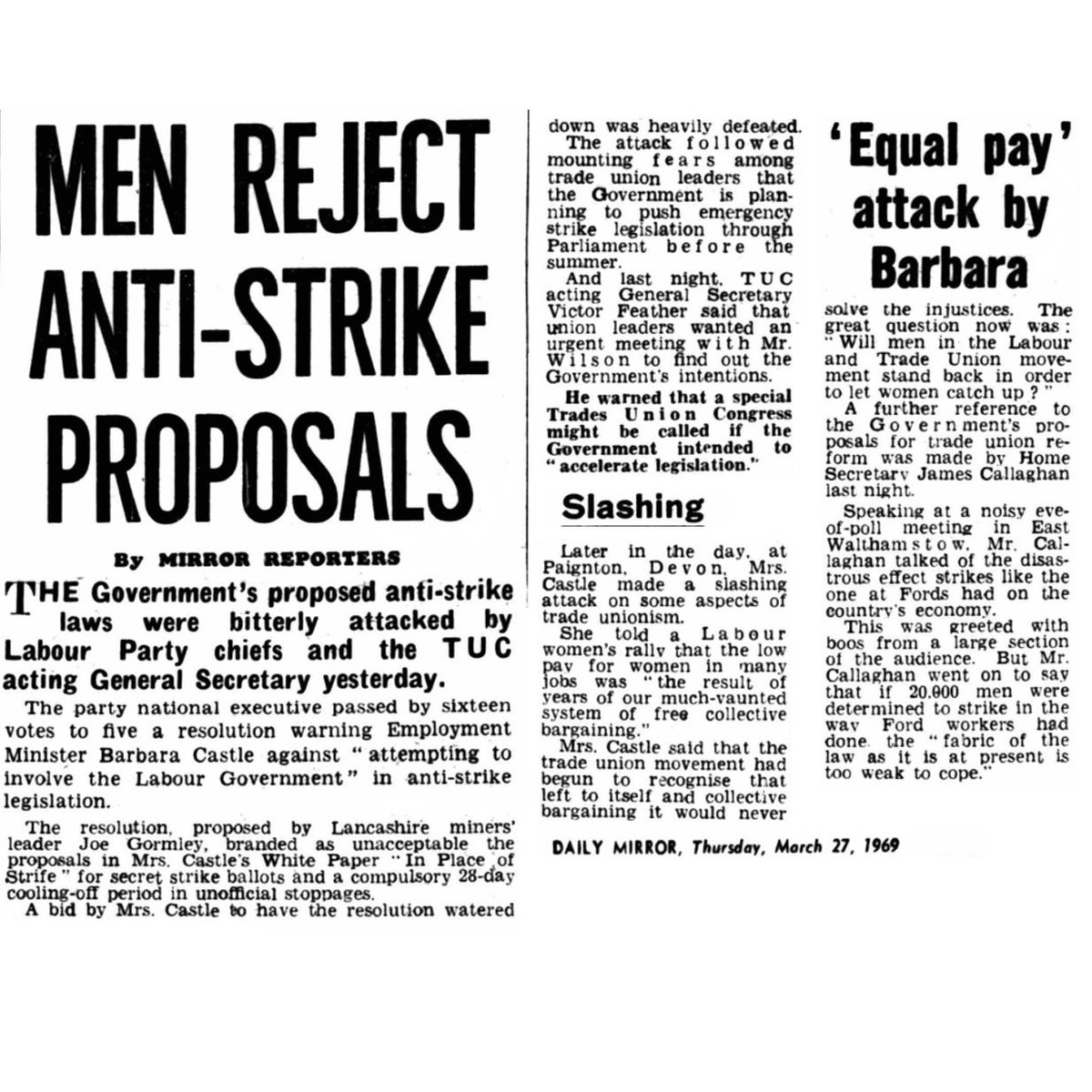 33. While it is true the strike at Ford led to the TUC equal pay motion, and strikes, at that time Barbara Castle was trying to prevent strikes and blaming the wage gap on the free collective bargaining of the unions. She even went as far as complaining about the Ford strike.