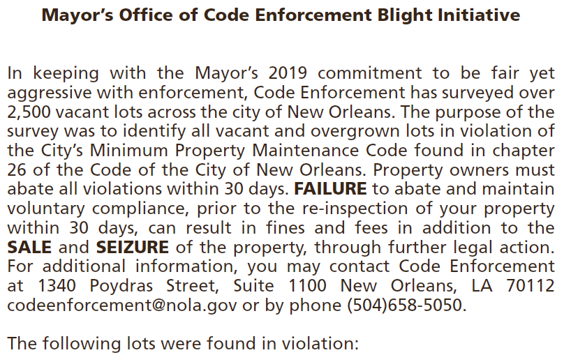 CodeOrleans's tweet photo. NOLA Code Enforcement has started a new initiative to uphold the Mayor's commitment to be fair yet aggressive with enforcement. Over 2,500 lots have been surveyed in New Orleans to identify all vacant and overgrown lots in violation. #CityofYes

Algiers and Hollygrove violations: https://t.co/YkU0uASY7T
