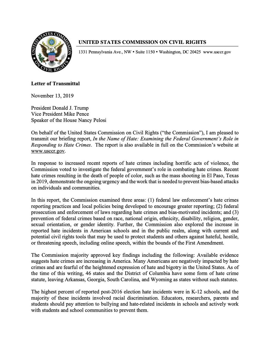 Page 1 of the report transmittal letter from the commission to the president, vice president, and Speaker of the House. The full letter can be read at the link in the original tweet.