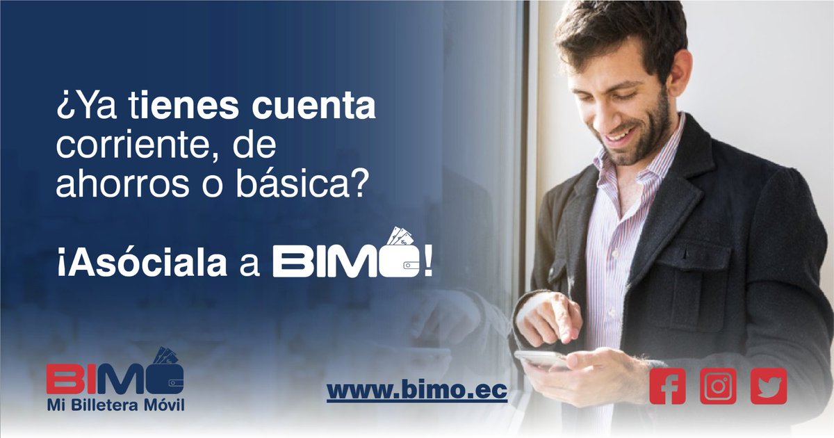 MiBIMOEc's tweet photo. Afilia tu cuenta por los canales habilitados por tu banco, cooperativa o mutualista y comienza a usar BIMO.

Tus pagos y cobros más fáciles, rápidos y seguros.

#BIMO #BilleteraMóvil https://t.co/EHfQqe8qCD
