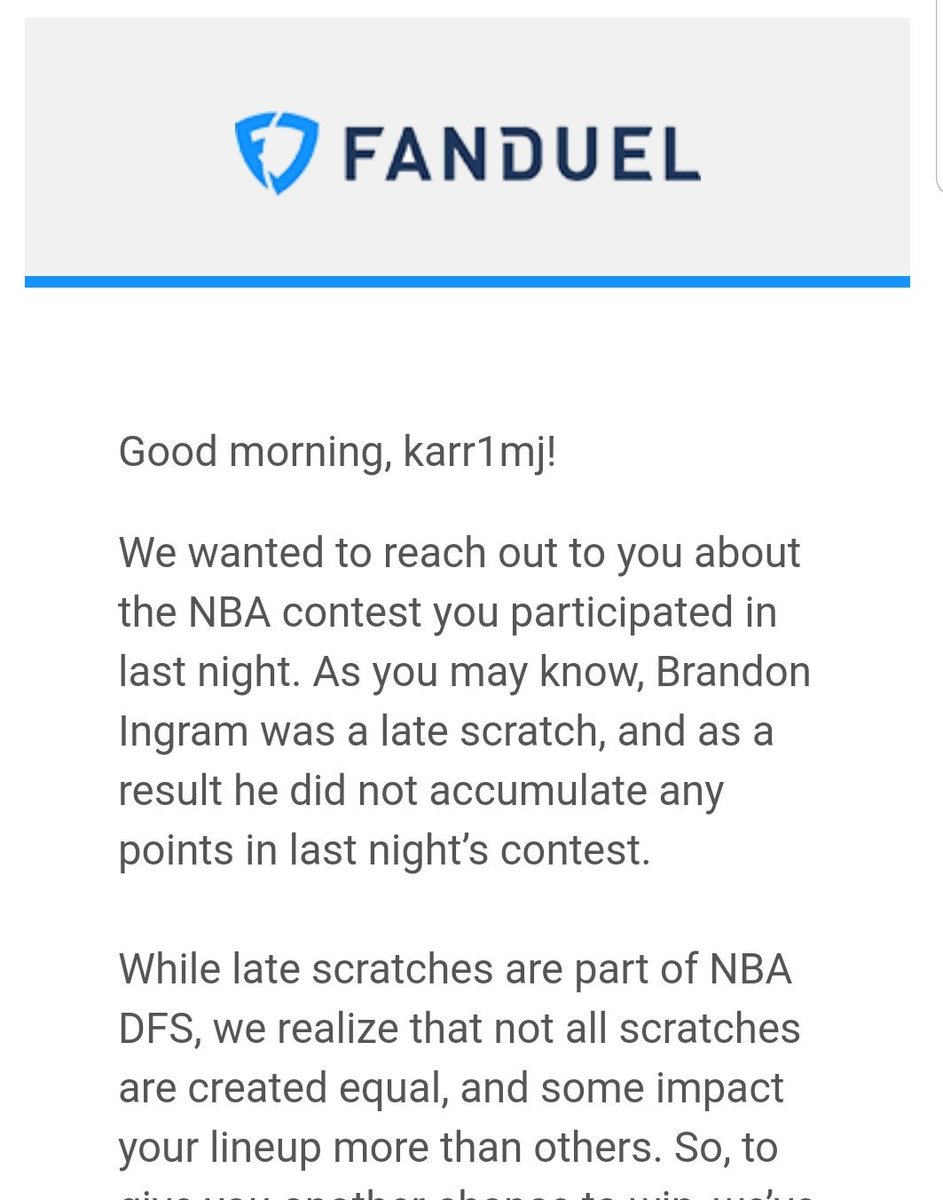 karr1mj's tweet photo. Hey @fanduel,forgot to say thanks for your superb generosity yesterday!Your PR would be in way better shape if you just kept last years rules and/or did nothing and chalked ingram up to risk,instead, you left a really sour taste in my mouth.Oh well,Back to @DraftKings full time! https://t.co/7pHbb3J2A2