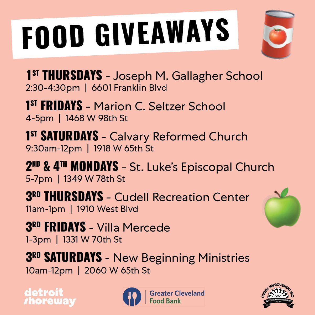 Upcoming food and produce giveaways: This Friday at Villa Mercede and this Saturday at New Beginning Ministries. Thank you to both organizations and <a href="/CleFoodBank/">Greater Cleveland Food Bank</a>! Let's share and support our neighbors!