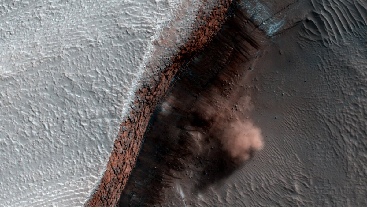 Or, y'know, those avalanches of frost and dust that  @HiRISE has spotted, which show that  #Mars is geologically active *today*?!Near the north pole, sunlight warms up these frost–dust layers in the spring, driving material down these 100s-m-high cliffs. Active Mars!! 
