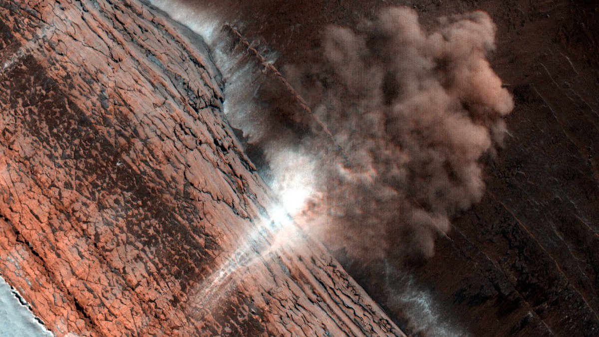 Or, y'know, those avalanches of frost and dust that  @HiRISE has spotted, which show that  #Mars is geologically active *today*?!Near the north pole, sunlight warms up these frost–dust layers in the spring, driving material down these 100s-m-high cliffs. Active Mars!! 