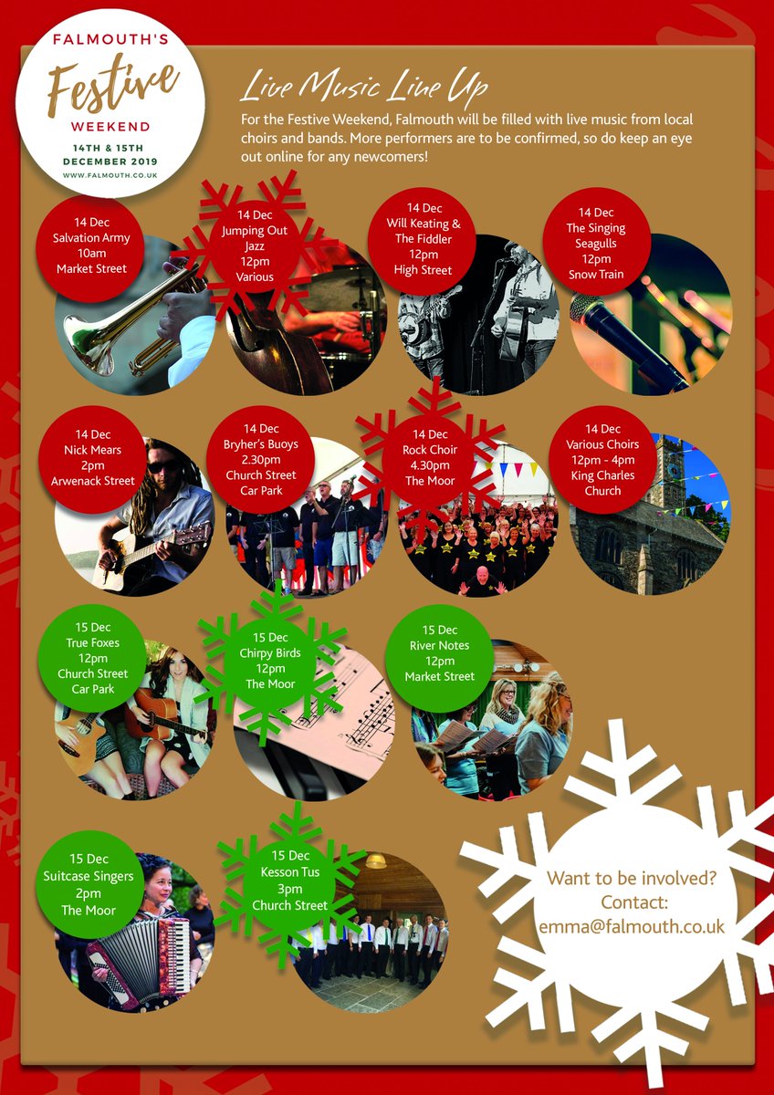 FALMOUTH'S FESTIVE WEEKEND LINE-UP

There will be music, bands, and choirs throughout Falmouth for the Festive Weekend! More acts to be confirmed, however, it is looking pretty festive already! 

🎷 🎼 🎄 

#FalmouthChristmas
#LoveFalmouth